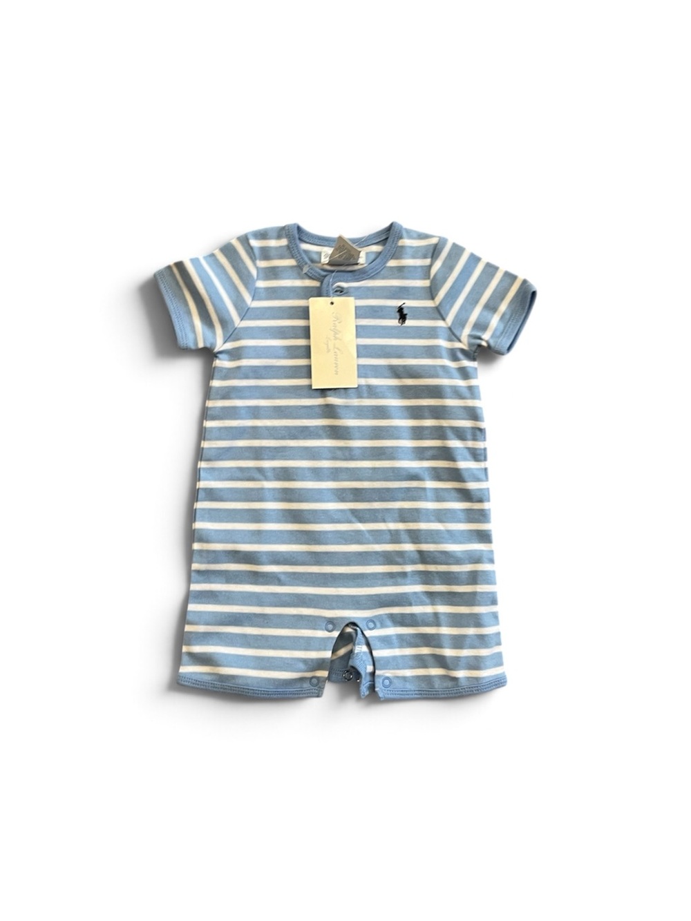 Ralph Lauren Light Blue & White Striped Short-Sleeve Footie